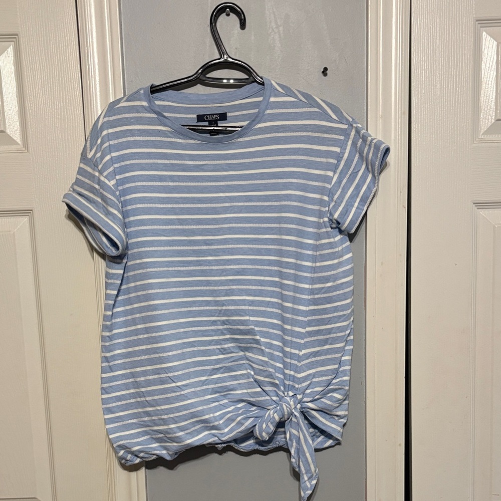 Chaps Light Blue and White Striped Short Sleeve Top